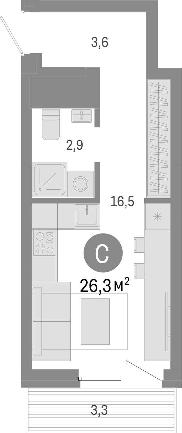 Планировка Студия, 26,3 м² в ЖК Северный квартал